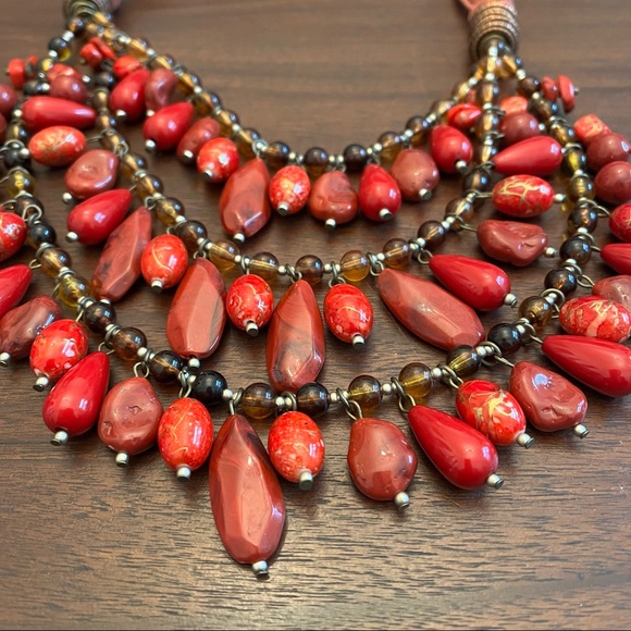 Red Stone Leather 3 Strand Necklace - Picture 2 of 4